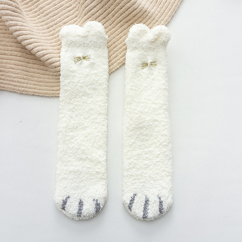 Coral Fleece Socks Japanese Pattern Embroidered Cat Paw Footprints Cat Socks Thick Warm Winter Plus Velvet Socks Fluffy Fuzzy Socks